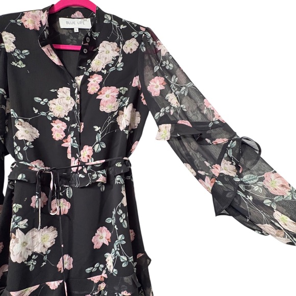 Blue Life Floral Black Chiffon Sheer Ruffle Long-Sleeve Mini Dress - Picture 14 of 16